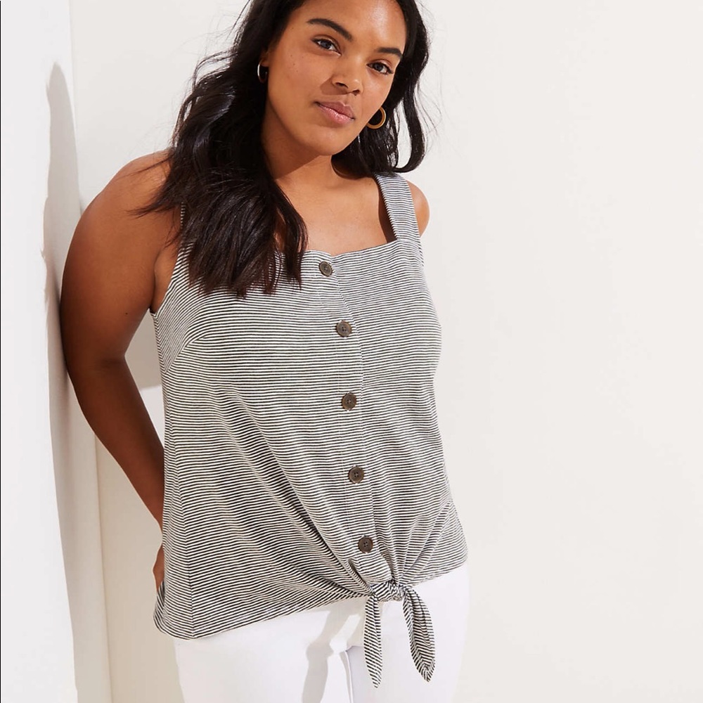 LOFT Plus Striped Button Trim Tie Hem Tank